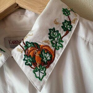 VTG Karen Scott Embroidered Pumpkins Autumn Leaves White Button Down Size S